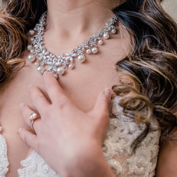 Bridal Statement Necklace & Earring Set, Cubic Zirconia and Pearl Jewelry Set - Picture 6 of 9